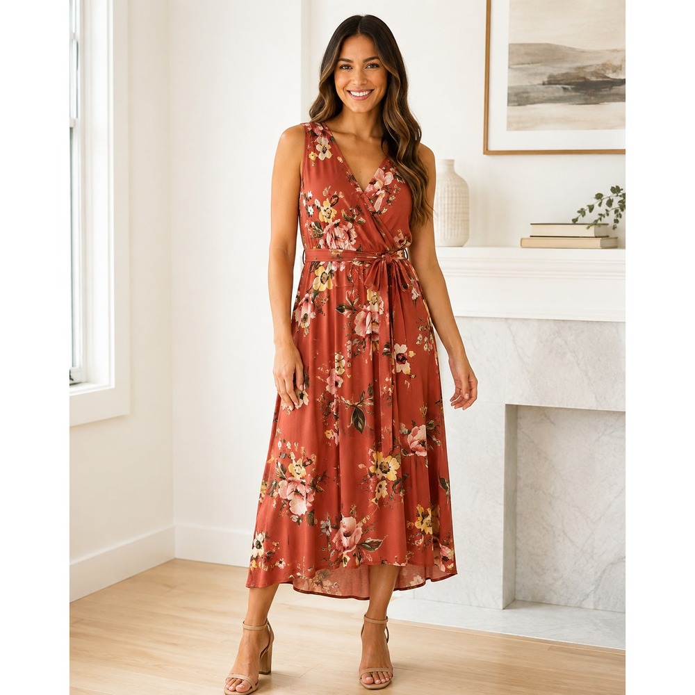 Boho Floral Flowy Midi Dress Women M Surplice V Neck Belted Sleeveless Zattcas